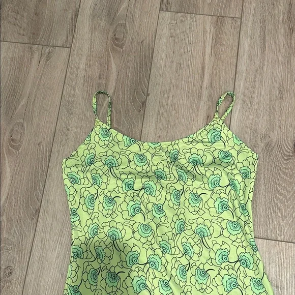 Green and Blue Patterned Dress with Feather Trim - Picture 3 of 4